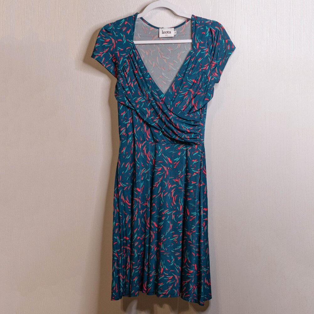 Leota Blue Red Teal Wrap Swing Dress - Size Medium